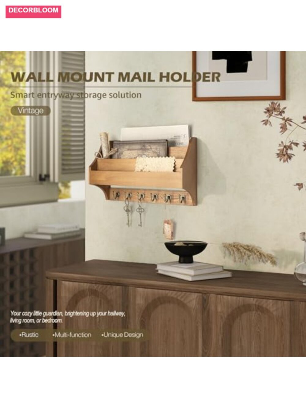 Rustic 3-Tier Key Holder Wall Mount with Sturdy Hooks Solid Pine Wood Mail - Picture 2 of 5